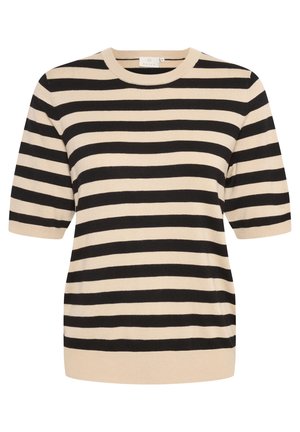 Pull en maille rayé beige et noir. Doté d'un col rond et de manches courtes, il offre une texture douce et une coupe décontractée.