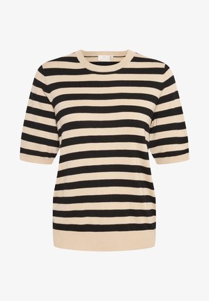 Röstripeeritud kudumipullover beeži ja musta värviga. Omab ümmargust kaelust ja lühikesi varrukaid, pehme tekstuuriga ja lõdva lõikega.