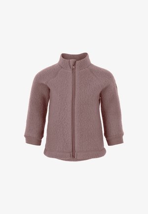 Fleece jacket in muted pink with a full zipper, raglan sleeves, ribbed cuffs, and a soft texture. Features a small logo on the shoulder.