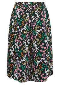 Svarta tygculotter med ett livligt blommönster som har rosa, vita, lila och orange blommor; elastisk midja, lös passform.