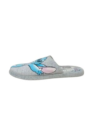 Pantofole in tessuto blu e grigio con design di personaggio dei cartoni animati. Punta aperta, chiusura posteriore, suola piatta e texture morbida.