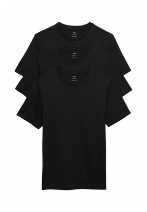 Tre magliette nere semplici a maniche corte con scollo rotondo impilate, mostrando la vista frontale e le etichette all'interno dei colletti.