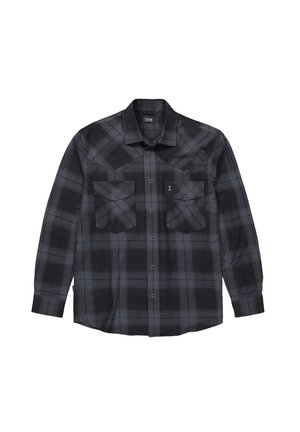 Long-sleeve black and gray plaid shirt with two chest pockets, button front, and pointed collar. Made of woven fabric, features a textured design.
