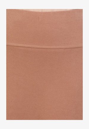 Rust-colored high-waisted skirt made from ribbed fabric, featuring a smooth texture and subtle horizontal lines. Simple design with no embellishments.