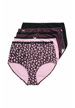Sæt med fem dameunderbukser med høj talje i sort, mørkelilla, lyserød og leopardprint med små sløjfer og blondekanter.