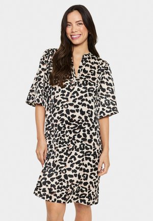 Leopard print dress with short sleeves and a v-neckline, featuring a lightweight, smooth fabric in beige and black tones.
