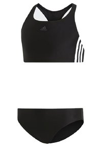 Costume da bagno due pezzi nero con top racerback e strisce bianche e slip bikini. Realizzato in tessuto liscio e lucido.