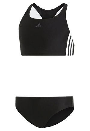 Costume da bagno due pezzi nero con top racerback e strisce bianche e slip bikini. Realizzato in tessuto liscio e lucido.