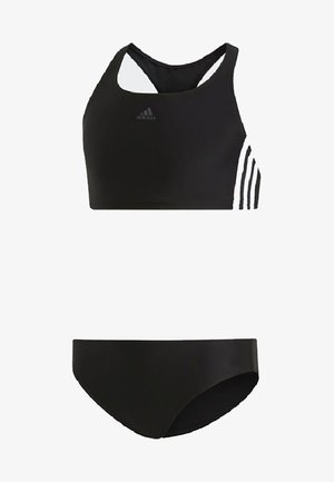 Costume da bagno due pezzi nero con top racerback e strisce bianche e slip bikini. Realizzato in tessuto liscio e lucido.