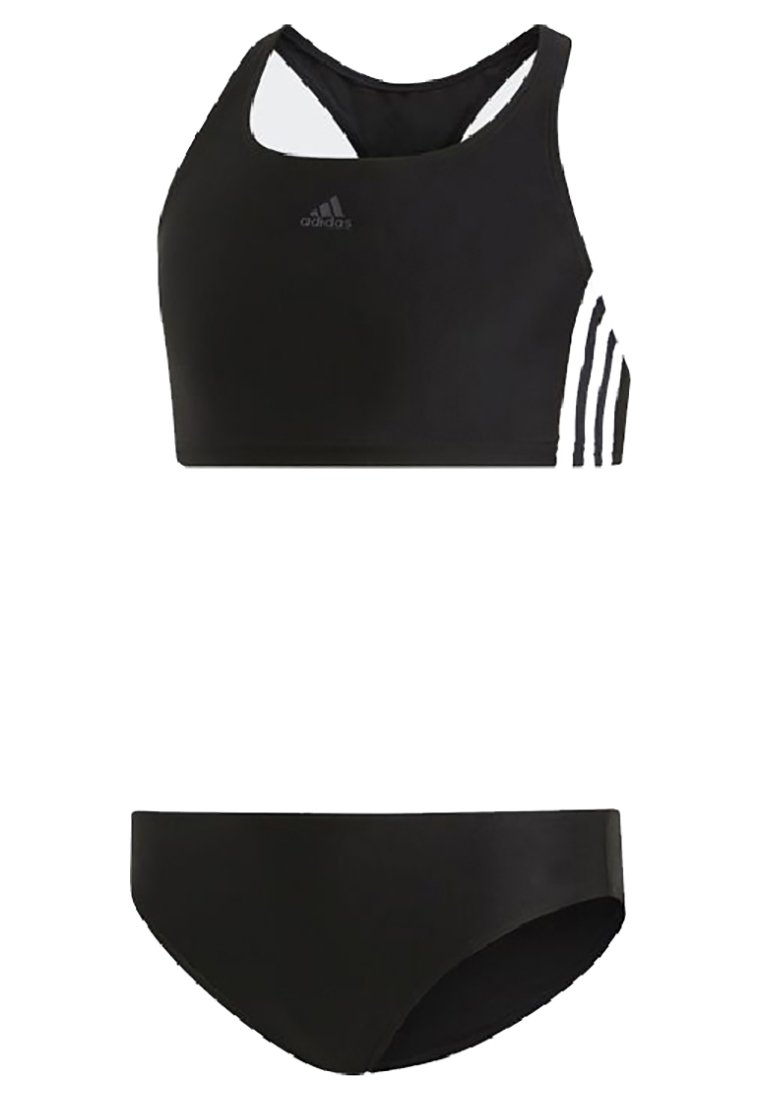 Costume da bagno due pezzi nero con top racerback e strisce bianche e slip bikini. Realizzato in tessuto liscio e lucido.