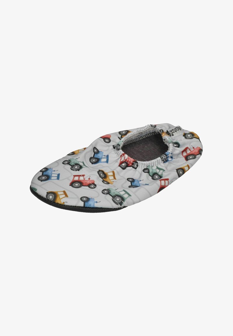 Children's slipper with a white fabric featuring colorful tractor patterns. Elasticized opening, soft sole, and round toe design.