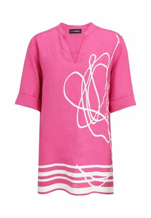 Pink tunic with elbow-length sleeves, V-neck, white abstract squiggle design on front, and white stripes near hem.