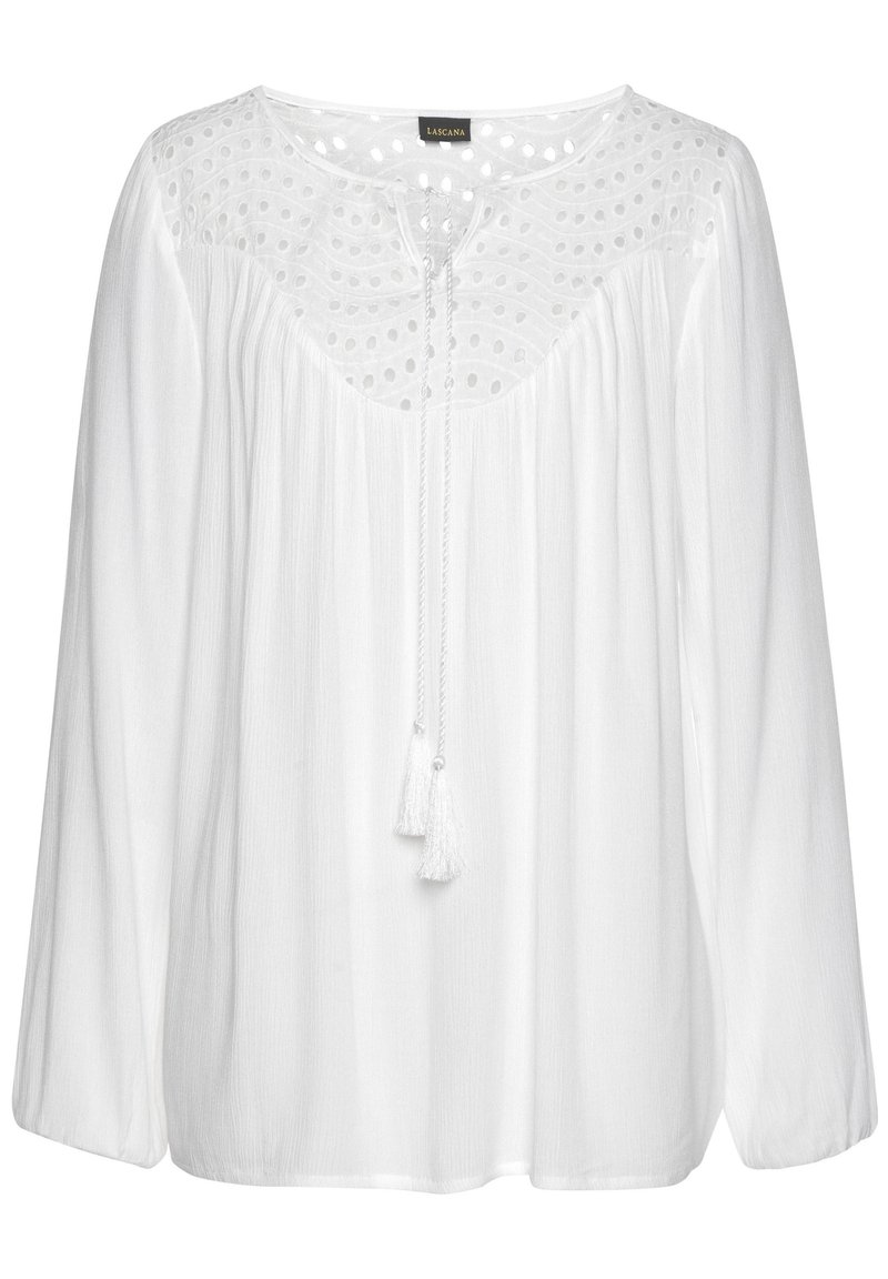 White blouse with long sleeves, textured fabric, round neckline, and lace detailing. Features a drawstring with tassels at the front.