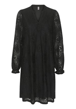 Črna čipkasta obleka z dolgimi rokavi, V-izrezom in cvetličnimi vzorci. Tkanina se zdi lahka in polprosojna ter ima nagubane manšete.