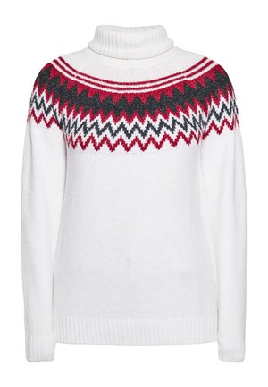 Maglione dolcevita bianco con motivo a zigzag rosso, nero e grigio sul petto e sulle spalle, polsini e orlo a coste.