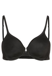Reggiseno nero con ferretto, coppe modellate, spalline regolabili e tessuto liscio. Presenta un decolleté profondo e un design classico senza cuciture.