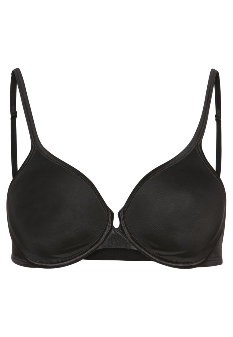 Reggiseno nero con ferretto, coppe modellate, spalline regolabili e tessuto liscio. Presenta un decolleté profondo e un design classico senza cuciture.