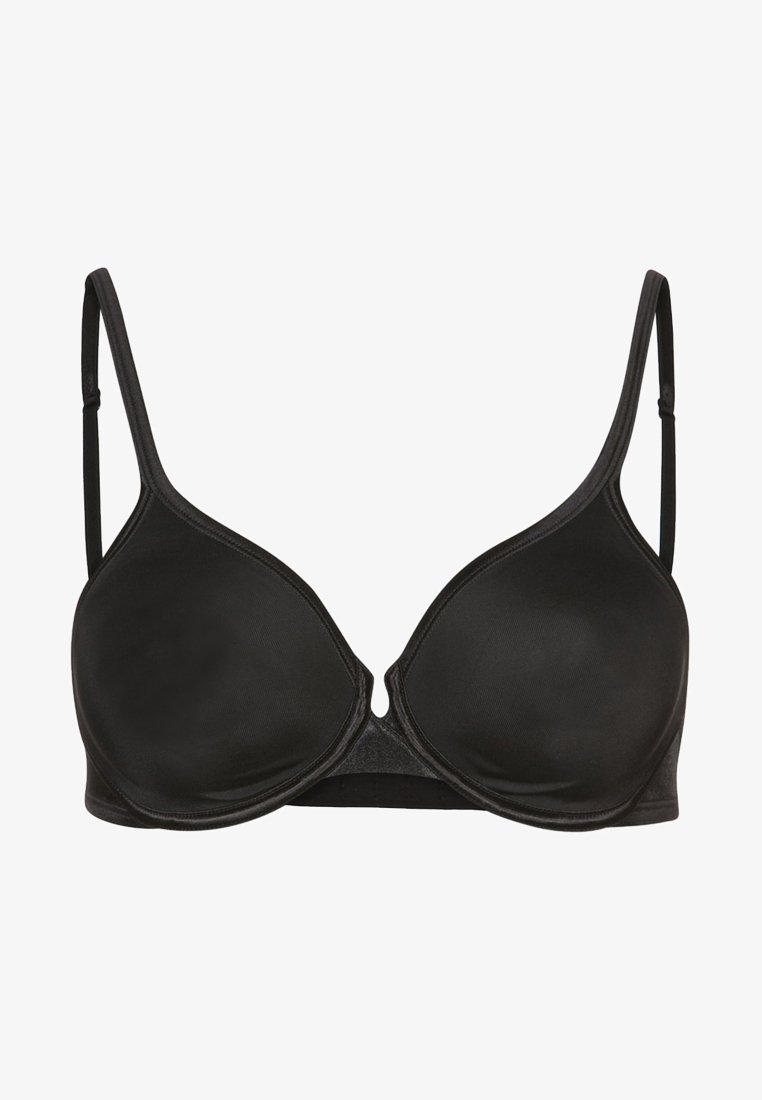 Reggiseno nero con ferretto, coppe modellate, spalline regolabili e tessuto liscio. Presenta un decolleté profondo e un design classico senza cuciture.