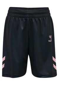 Czarne sportowe szorty z błyszczącego materiału, z elastycznym pasem i różowymi akcentami w zygzak na bokach. Logo nadrukowane z przodu.