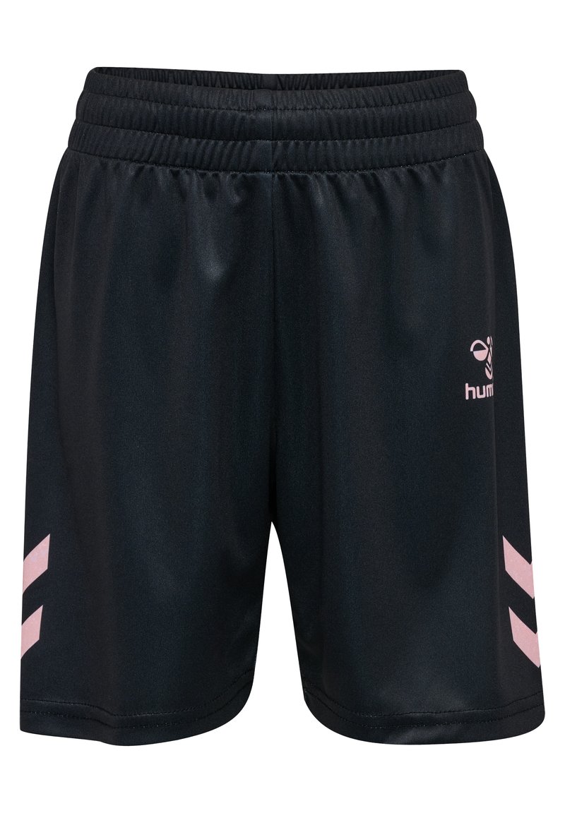 Czarne sportowe szorty z błyszczącego materiału, z elastycznym pasem i różowymi akcentami w zygzak na bokach. Logo nadrukowane z przodu.