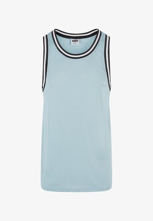 Débardeur en maille bleu clair avec des bordures à rayures noires et blanches. Présente un col rond et un design sans manches, offrant un confort respirant.