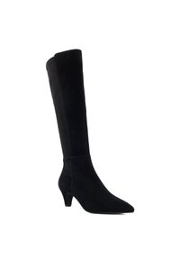 Zwarte suede knielange laarzen met een spitse neus en een gebogen hak van 6,5 cm. Gladde textuur met een aansluitende silhouet en subtiele stiksels.