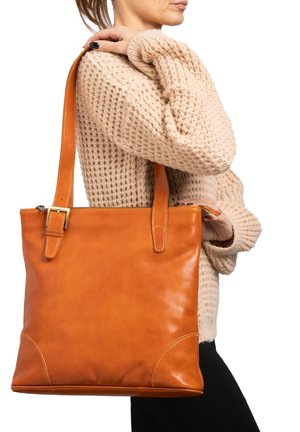 Leder-Shopper in sattem Orange, mit glatter Oberfläche, doppelt genähten Akzenten und rechteckiger Form. Verfügt über lange Schulterriemen.