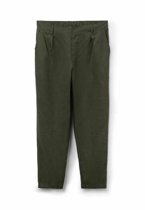 Dunkelgrüne gerade Hose mit vorderen Falten, Seitentaschen, Gürtelschlaufen und Knopfverschluss, abgebildet auf weißem Hintergrund.