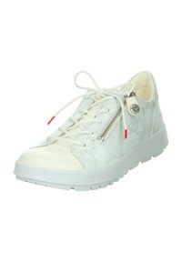 White sneaker with a textured upper, featuring a side zipper and contrasting laces. The sole is rubber with a textured grip pattern.