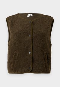 Brun, ermeløs vest laget av strukturert fleece, med rund halslinning, trykknappåpning og sidelommer.