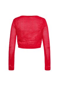 Piros kötött crop pulóver laza, nyitott szövettel; hosszú ujjú és kerek nyakkivágású; textúrált anyag, bordás mandzsettákkal és szegéllyel.