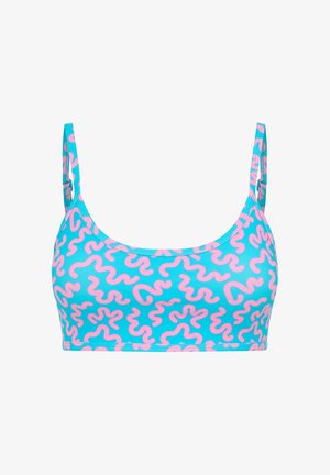 Haut de bikini bleu avec des motifs ondulés roses, fines bretelles et un col arrondi. Fabriqué en tissu lisse et extensible, idéal pour les activités aquatiques.