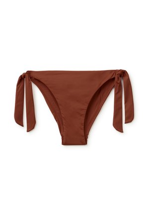 Parte inferiore del bikini marrone con lacci laterali, progettata per una vestibilità regolabile, mostrata su sfondo bianco.