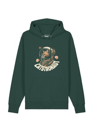 Sweat à capuche vert foncé avec poche avant et un graphisme d'un chat portant un casque d'astronaute entouré de planètes et le mot "CATASTRONAUT".