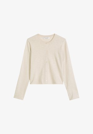 Cremefarbener Langarm-Cardigan mit Rundhalsausschnitt und Knopfleiste vorne, gefertigt aus weichem, leichtem Stoff.