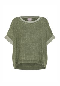 Locker sitzendes, kurzärmliges olivgrünes Hemd mit rundem Ausschnitt und hellgrünen, umgeschlagenen Ärmeln, hinten etwas länger geschnitten.