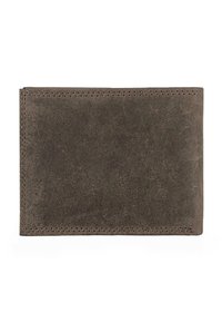 Cartera de cuero marrón oscuro, forma rectangular, textura suave, con costuras sutiles a lo largo de los bordes y un acabado limpio.