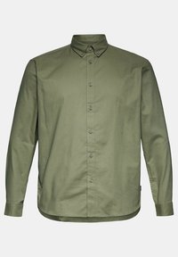 Chemise boutonnée manches longues vert olive avec col à boutons et ourlet arrondi, présentée de face sur un fond neutre.