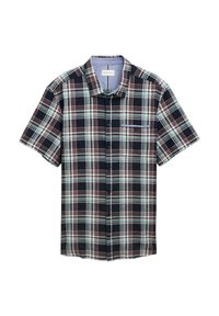Camicia a maniche corte a quadri in navy, rosso e verde. Presenta chiusura con bottoni, tasca sul petto e motivo a quadri con colletto a contrasto.