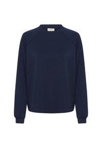 Námořnická modrá mikina, dlouhé raglánové rukávy, kulatý výstřih, měkká textura, ribbované manžety a lem, minimalistický design bez vzorů nebo akcentů.