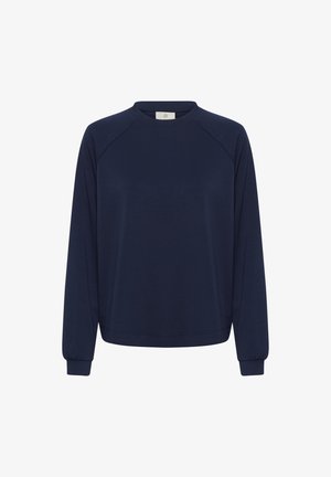 Hemd in Marineblau, lange Raglanärmel, Rundhalsausschnitt, weiche Textur, gerippte Bündchen und Saum, minimalistisches Design ohne Muster oder Akzente.