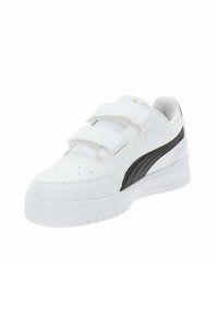 Scarpa sportiva bianca con accento laterale nero. Presenta due strap in Velcro, punta perforata, collo imbottito e suola in gomma testurizzata.
