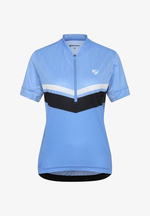 Light blue short-sleeve cycling jersey with half zipper, white and black chevron stripes across chest, and a small logo on the left side.
