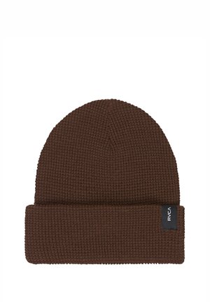 Bonnet en laine brun avec un revers plié arborant une petite étiquette en tissu noire avec le texte blanc "RVCA".