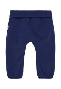 Navy blauwe babybroekjes met elastische tailleband en boorden, gemaakt van zachte stof, ontworpen voor comfort en bewegingsgemak.