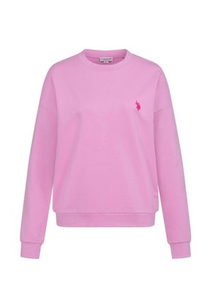 Hellrosa Sweatshirt mit langen Ärmeln, gerippten Bündchen und Saum, Rundhalsausschnitt und kleinem dunkelrosa gesticktem Logo auf der linken Brust.