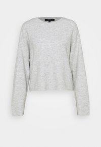 Maglione lavorato a maglia grigio chiaro a maniche lunghe con colletto a girocollo e polsini a coste, visualizzato su uno sfondo bianco.