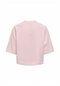 Sweat-shirt rose clair à manches courtes avec col rond, présenté de dos sur un fond blanc.