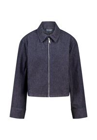 Korte jas van donkerblauwe stof met subtiele verticale strepen, uitgerust met een volledige rits en een klassieke geknoopte kraag. Lange mouwen met manchetten.