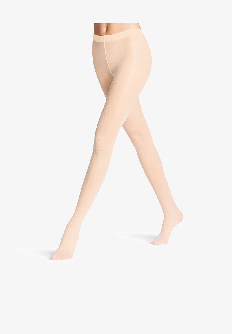 Beige strukturierte Strumpfhosen mit einem dezenten Muster, einem breiten Bündchen und einer glatten Oberfläche, die für Komfort und Passform entwickelt wurden.